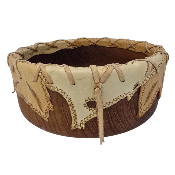 Wood Bowl 12" Leather Overlay Handmade Possibly Native American Round Wooded - Picture 1 of 14